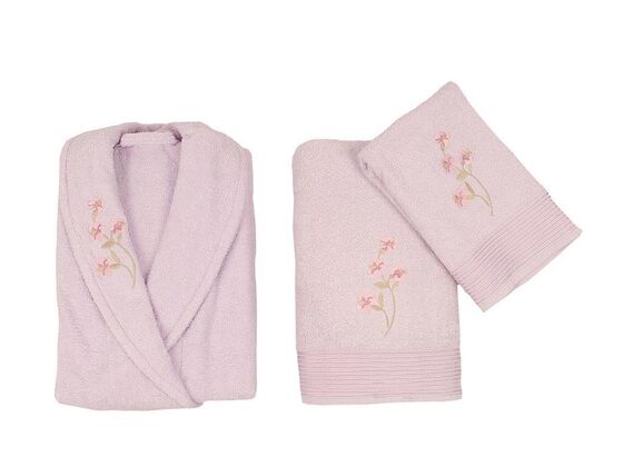 Scar Embroidered 100% Cotton 4-Piece Bathrobe Set Cappucino Lilac