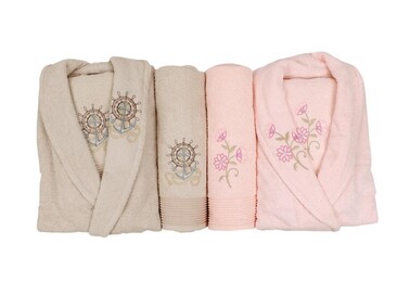 Scar Embroidered 100% Cotton 4-Piece Bathrobe Set Cappucino Powder - Thumbnail