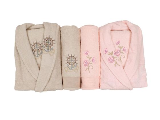 Scar Embroidered 100% Cotton 4-Piece Bathrobe Set Cappucino Powder