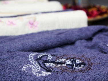 Scar Embroidered 100% Cotton 4 Piece Bathrobe Set Smoked White - Thumbnail