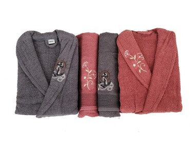 Dowry World - Scar Embroidered 100% Cotton 4 Piece Bathrobe Set Smoked Dried Rose Dowry World - Scar Embroidered 100% Cotton 4 Piece Bathrobe Set Smoked Dried Rose