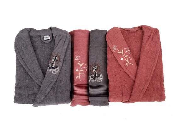 Scar Embroidered 100% Cotton 4 Piece Bathrobe Set Smoked Dried Rose