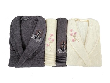 Dowry World - Scar Embroidered 100% Cotton 4 Piece Bathrobe Set Smoked Cream Dowry World - Scar Embroidered 100% Cotton 4 Piece Bathrobe Set Smoked Cream