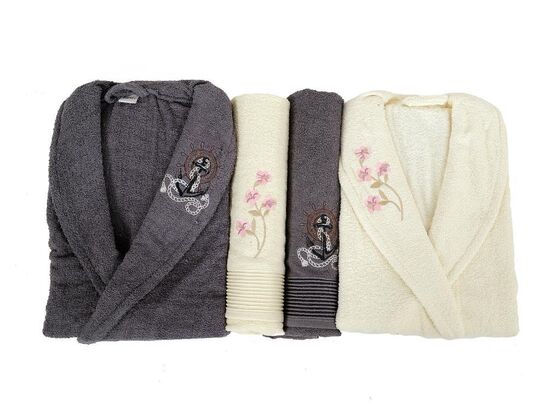 Scar Embroidered 100% Cotton 4 Piece Bathrobe Set Smoked Cream