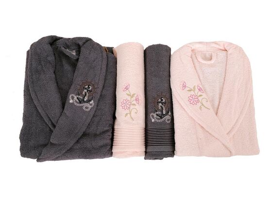 Scar Embroidered 100% Cotton 4 Piece Bathrobe Set Smoked Pink