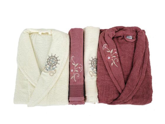 Scar Embroidered 100% Cotton 4-Piece Bathrobe Set Cream Dried Rose