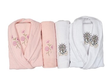 Scar Embroidered 100% Cotton 4 Piece Bathrobe Set Cream Lilac - Thumbnail