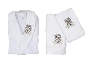 Scar Embroidered 100% Cotton 4 Piece Bathrobe Set Cream Lilac - Thumbnail