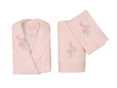 Scar Embroidered 100% Cotton 4 Piece Bathrobe Set Cream Lilac - Thumbnail