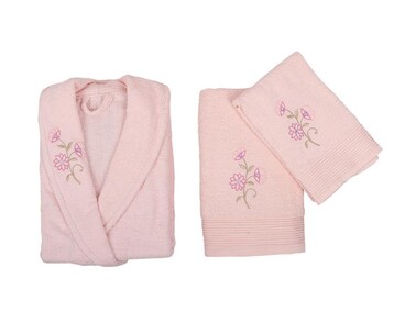 Scar Embroidered 100% Cotton 4 Piece Bathrobe Set Cream Powder - Thumbnail