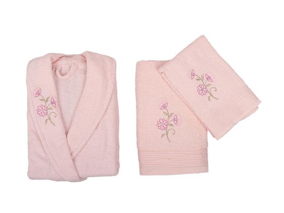 Scar Embroidered 100% Cotton 4 Piece Bathrobe Set Cream Powder