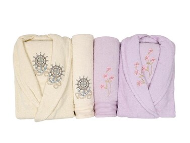 Scar Embroidered 100% Cotton Family Bathrobe Set Cream Lilac - Thumbnail