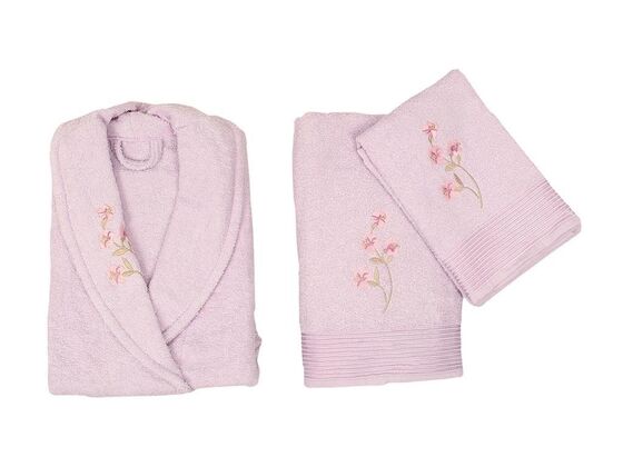 Scar Embroidered 100% Cotton Family Bathrobe Set Cream Lilac