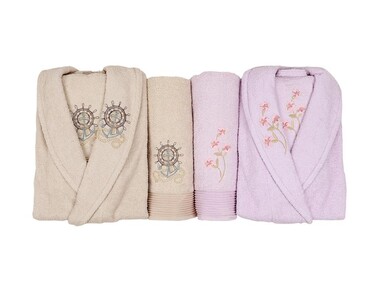 Scar Embroidered 100% Cotton Family Bathrobe Set Cappucino Lilac - Thumbnail