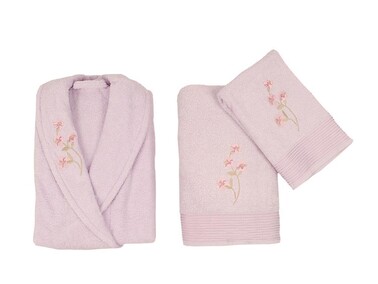 Scar Embroidered 100% Cotton Family Bathrobe Set Cappucino Lilac - Thumbnail