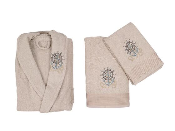 Scar Embroidered 100% Cotton Family Bathrobe Set Cappucino Powder