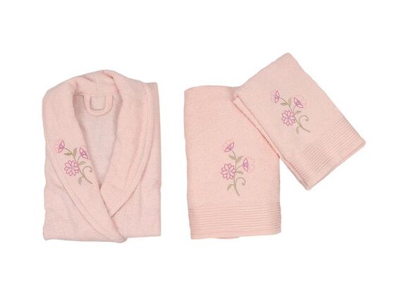 Scar Embroidered 100% Cotton Family Bathrobe Set Cappucino Powder