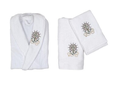 Scar Embroidered 100% Cotton Family Bathrobe Set White Powder - Thumbnail