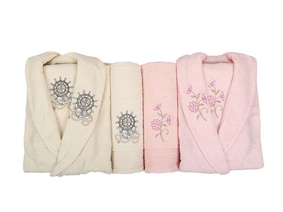 Scar Embroidered 100% Cotton Family Bathrobe Set Cream Powder