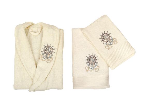 Scar Embroidered 100% Cotton Family Bathrobe Set Cream Powder