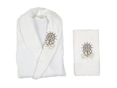 Dowry World - Scar Embroidered 100% Cotton Single Bathrobe Set White Dowry World - Scar Embroidered 100% Cotton Single Bathrobe Set White