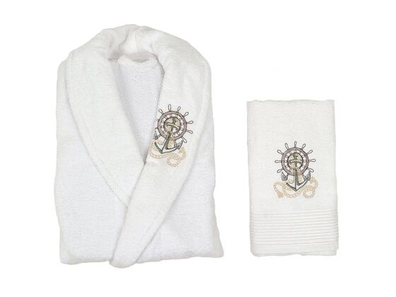 Scar Embroidered 100% Cotton Single Bathrobe Set White