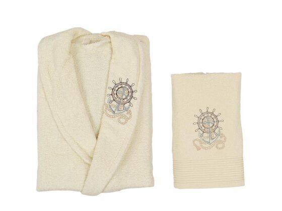 Scar Embroidered 100% Cotton Single Bathrobe Set Cream