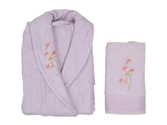 Scar Embroidered 100% Cotton Single Bathrobe Set Lilac