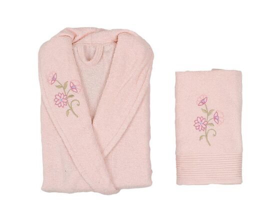 Scar Embroidered 100% Cotton Single Bathrobe Set Powder