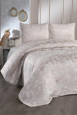 Slayka Double Size Bedspread Set, Coverlet 230x240 with Pillowcase, Chenille Fabric, for Full Bed, Cappucino - Thumbnail