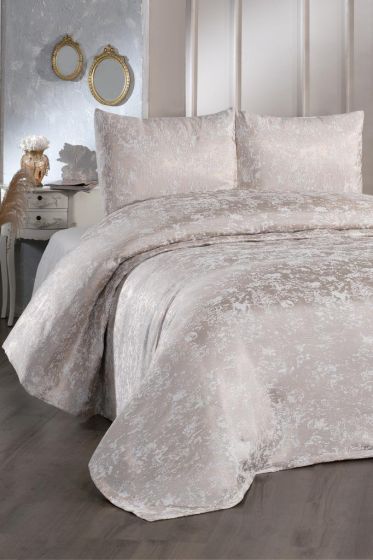 Slayka Double Size Bedspread Set, Coverlet 230x240 with Pillowcase, Chenille Fabric, for Full Bed, Cappucino