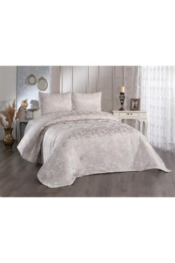 Slayka Double Size Bedspread Set, Coverlet 230x240 with Pillowcase, Chenille Fabric, for Full Bed, Cappucino - Thumbnail