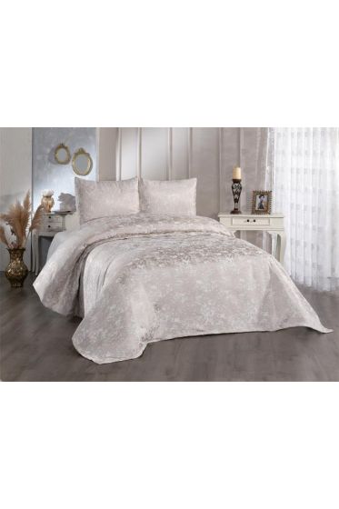 Slayka Double Size Bedspread Set, Coverlet 230x240 with Pillowcase, Chenille Fabric, for Full Bed, Cappucino