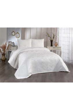 Slayka Double Size Bedspread Set, Coverlet 230x240 with Pillowcase, Chenille Fabric, for Full Bed, Cream - Thumbnail