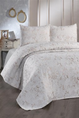Slayka Double Size Bedspread Set, Coverlet 230x240 with Pillowcase, Chenille Fabric, for Full Bed, Cream Cappucino - Thumbnail