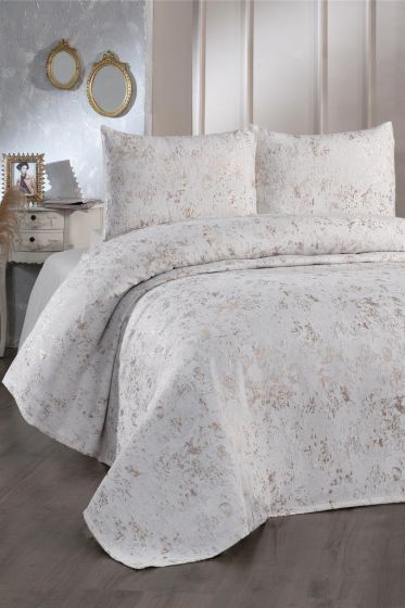 Slayka Double Size Bedspread Set, Coverlet 230x240 with Pillowcase, Chenille Fabric, for Full Bed, Cream Cappucino