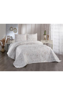 Slayka Double Size Bedspread Set, Coverlet 230x240 with Pillowcase, Chenille Fabric, for Full Bed, Cream Cappucino - Thumbnail