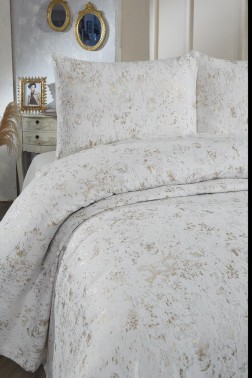 Slayka Double Size Bedspread Set, Coverlet 230x240 with Pillowcase, Chenille Fabric, for Full Bed, Cream Cappucino - Thumbnail
