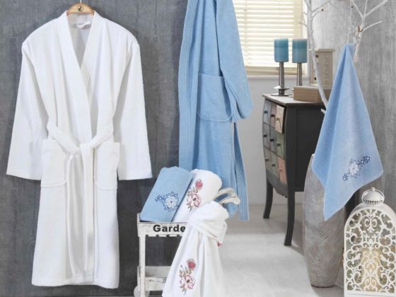 Smart Embroidered Bathrobe Set White Blue