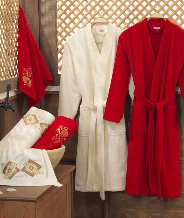 Smart Embroidered Bathrobe Set Lila Cream Red Cream