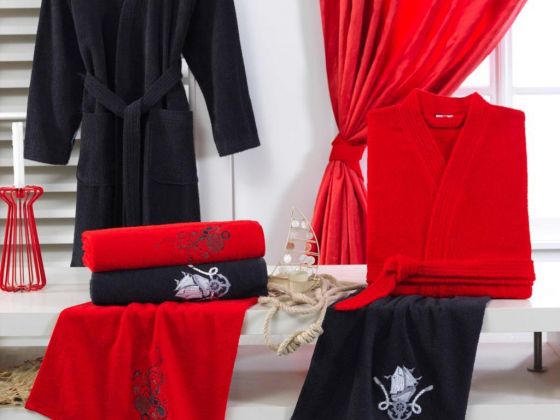 Smart Embroidered Bathrobe Set Red Black