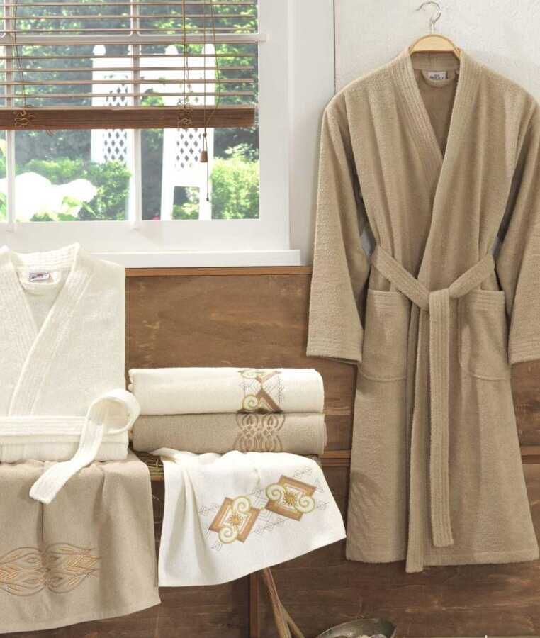 Smart Embroidered Bathrobe Set Cream Cappucino