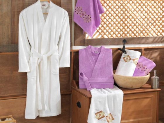 Smart Embroidered Bathrobe Set Lilac White