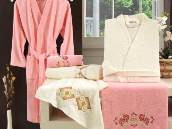 Smart Embroidered Bathrobe Set Pink Cream