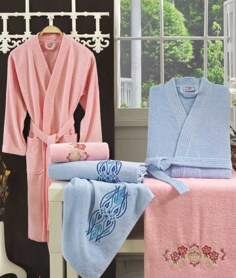 Smart Embroidered Bathrobe Set Pink Blue