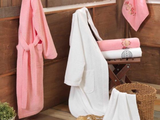 Smart Embroidered Bathrobe Set Powder White