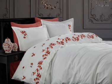 Autumn Embroidered Cotton Satin Double Duvet Cover Set Brick - Thumbnail