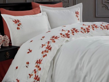 Autumn Embroidered Cotton Satin Double Duvet Cover Set Brick - Thumbnail