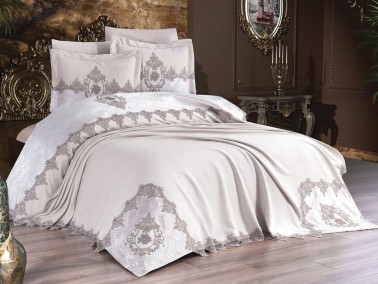 Çeyiz Diyarı - Sonya Bedding Set 6 pcs, Coverlet Set 250x250, Bedsheet 240x250 Pillowcase 50x70 Double Size Cream
