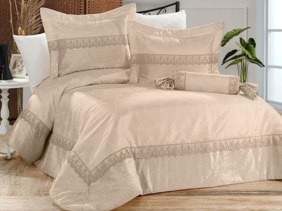 Spring Bedding Set 4 Pcs, Bedspread 270x260, Pillow Candy 35x50, Double Size, Velvet, Chenille, Wedding, Beige